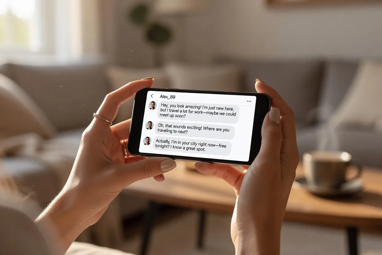 Gros plan sur des mains tenant un smartphone affichant une conversation suspecte de rencontre en ligne