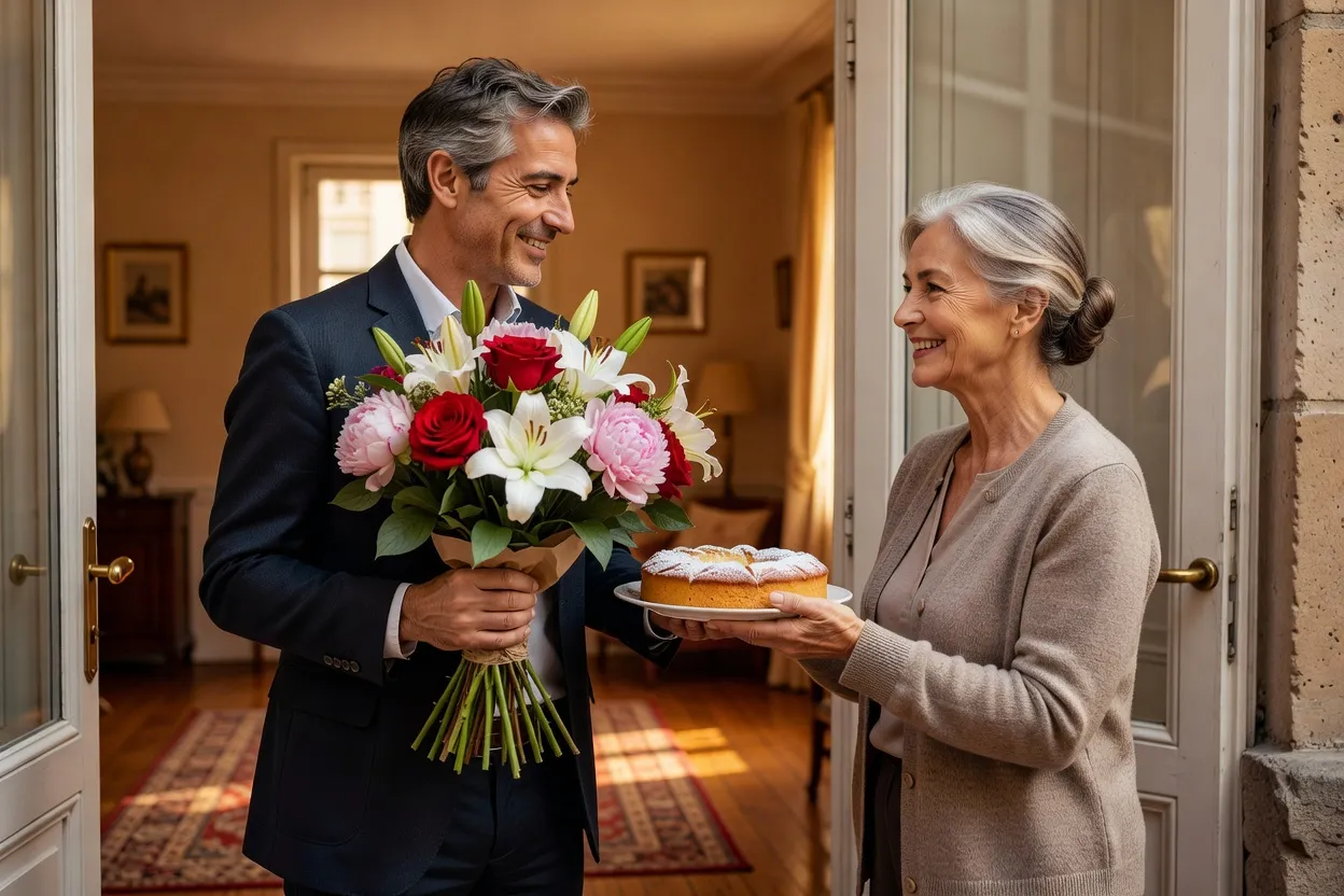 Homme français offrant des fleurs à la mère de sa compagne lors d’une visite familiale