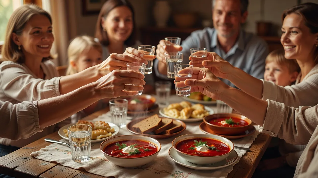 Couple franco-slave échangeant avec les parents autour d’un repas familial traditionnel