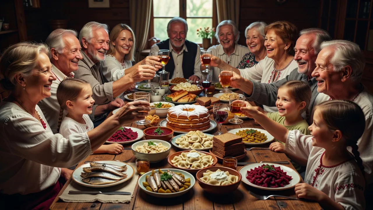 Table de fête en famille russe avec plats traditionnels et cadeaux