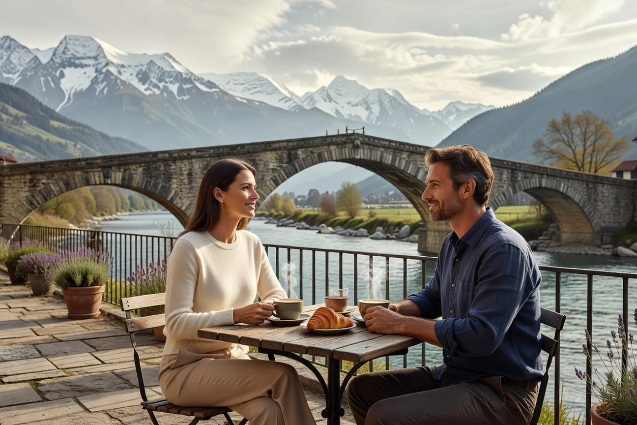 Couple savourant un café en terrasse près des bords de l'Arve à Thyez