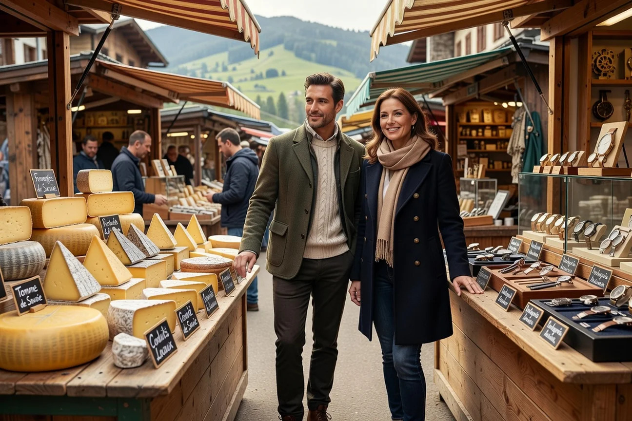 Couple adulte flânant sur un marché local de la vallée de l'Arve devant les étals savoyards