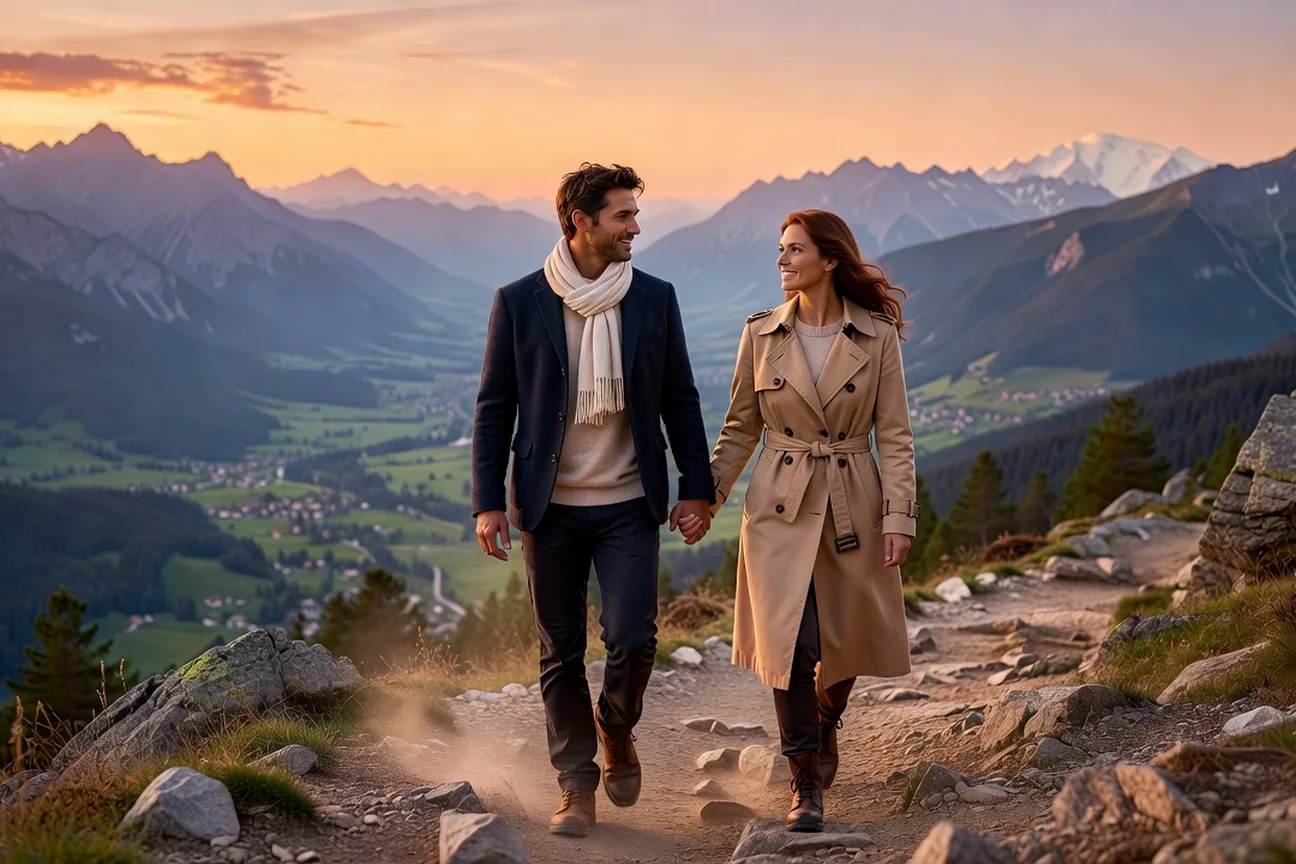 Couple adulte en balade romantique au coucher du soleil sur les hauteurs de la vallée de l'Arve