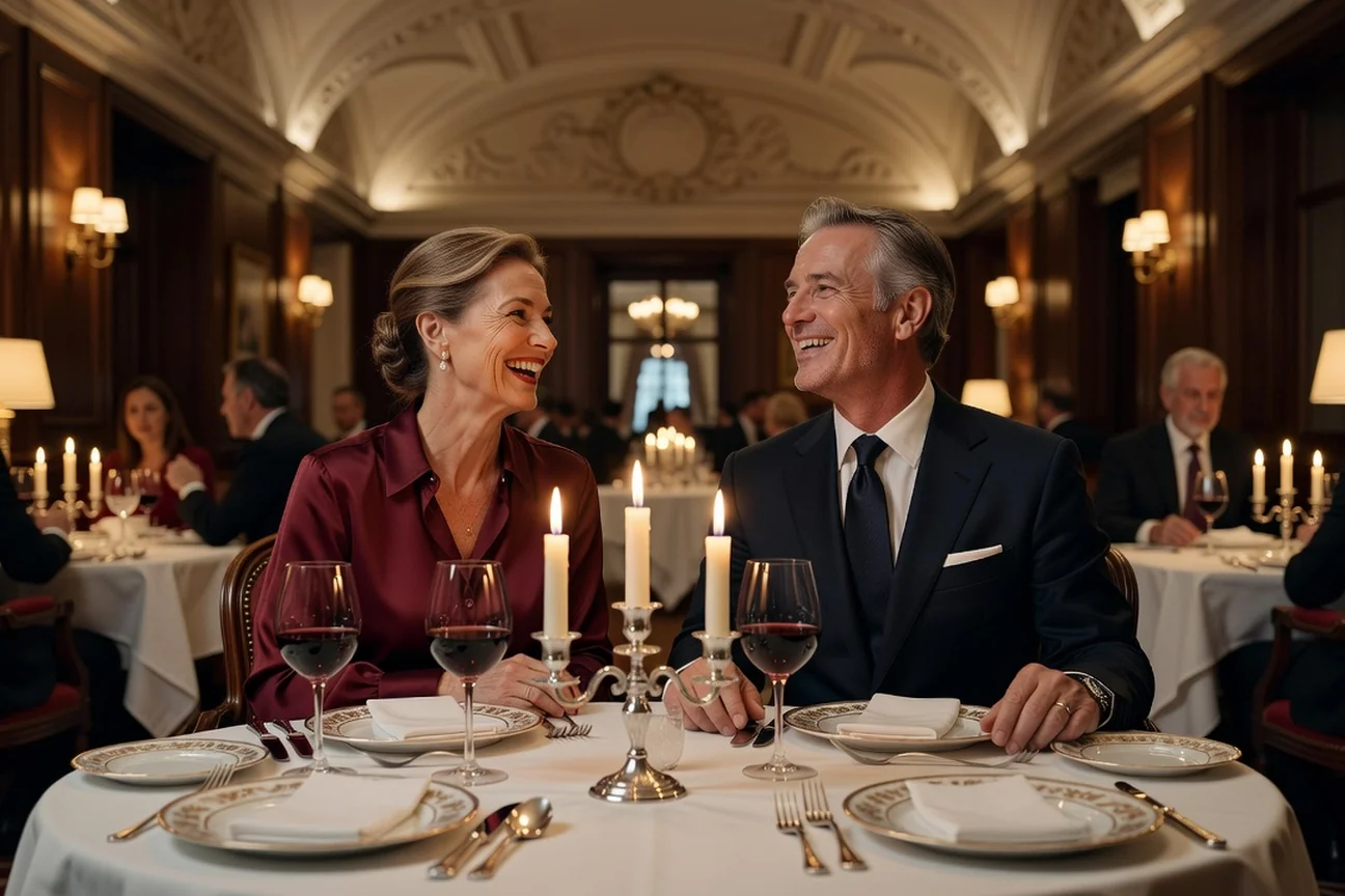 Couple adulte élégant riant ensemble lors d'un dîner raffiné dans un restaurant gastronomique