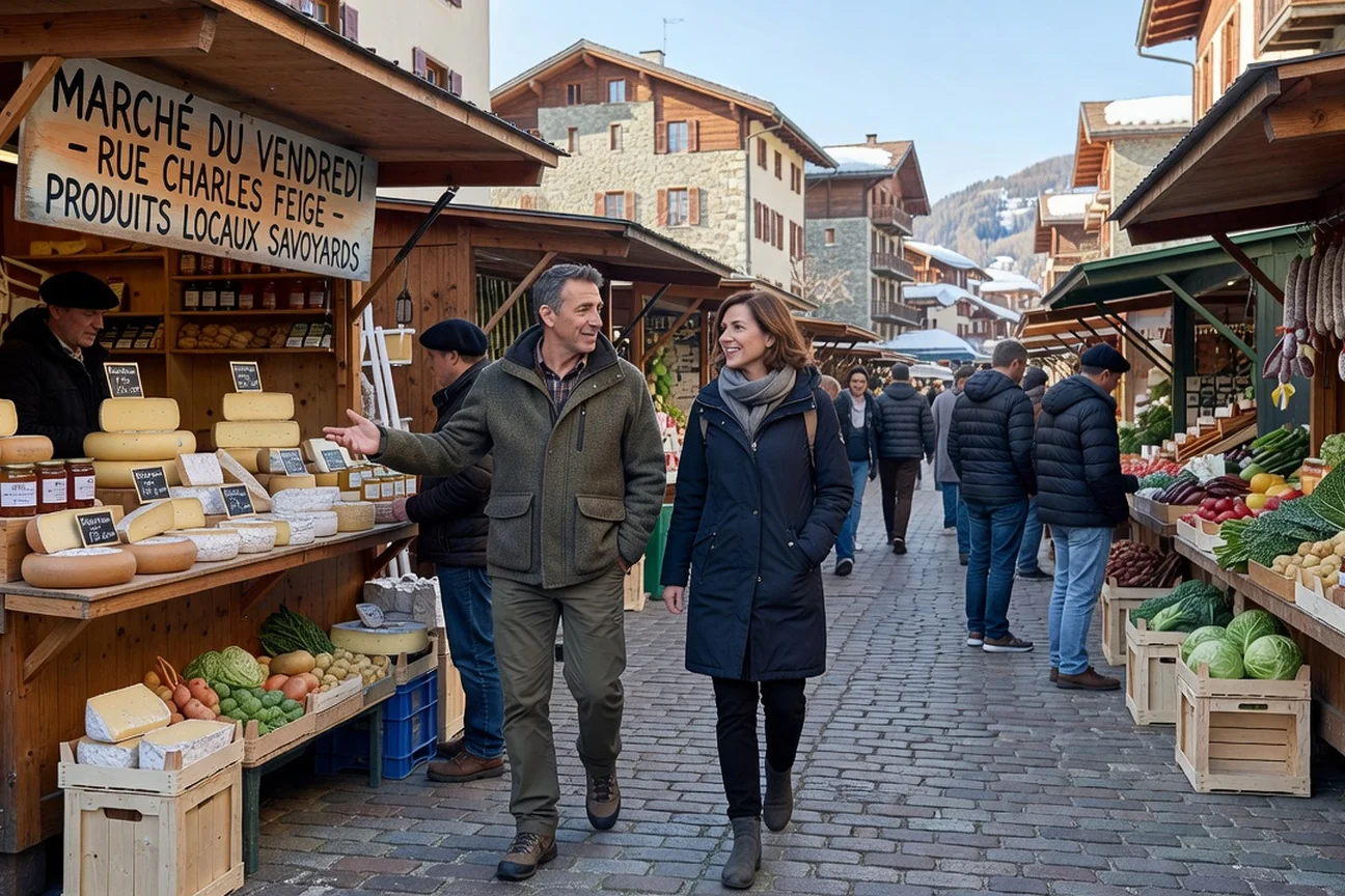 Couple adulte flânant sur le marché du vendredi rue Charles Feige à Megève