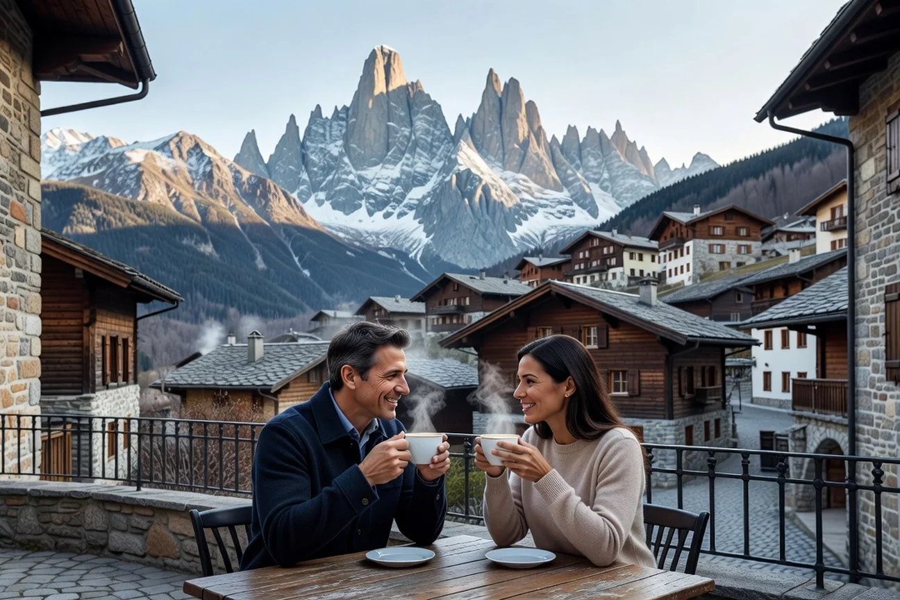 Couple adulte savourant un café en terrasse à Saint-Gervais-les-Bains face aux aiguilles de Warens