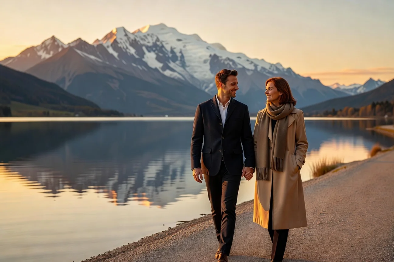 Couple adulte en promenade romantique au bord du lac de Passy face au massif du Mont-Blanc