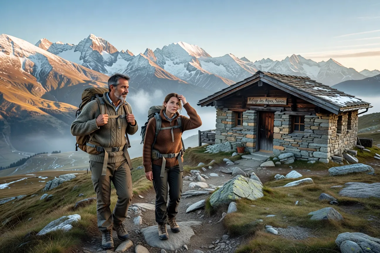 Couple de quarantenaires en montagne savoyarde au refuge de chalet bois