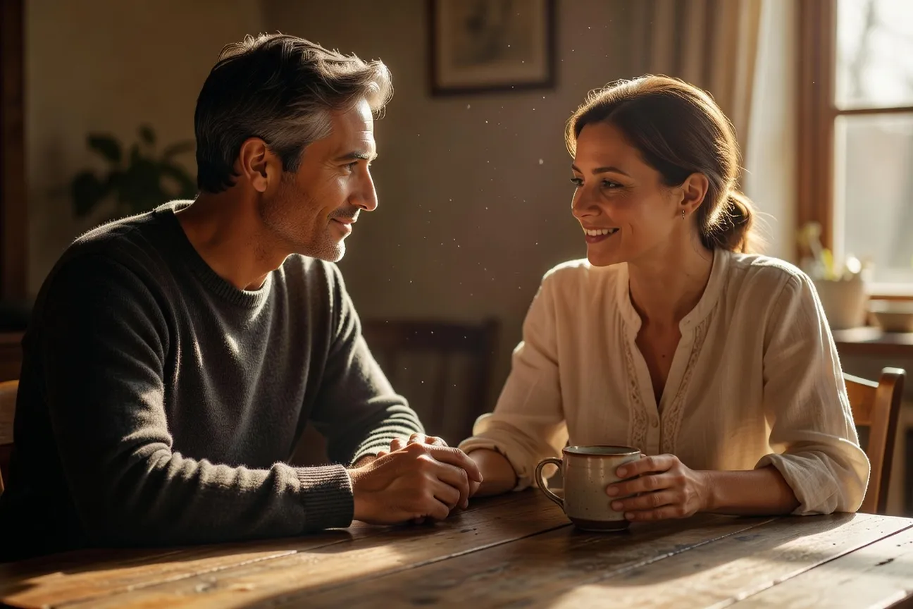 Couple en dialogue intime lumière dorée amour passionnel durable