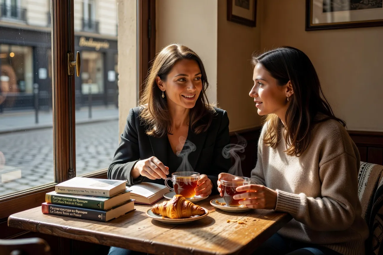 Scène de consultation Anastasia Boryssenko avec cliente cqmi au café à Annecy