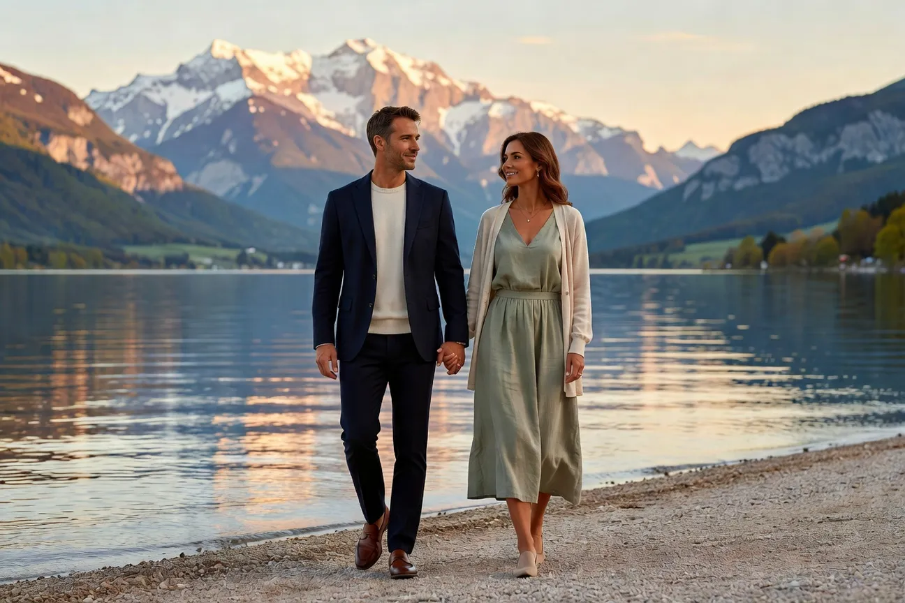 Couple franco-russe au bord du lac d'Annecy avec montagnes alpines en arriere-plan