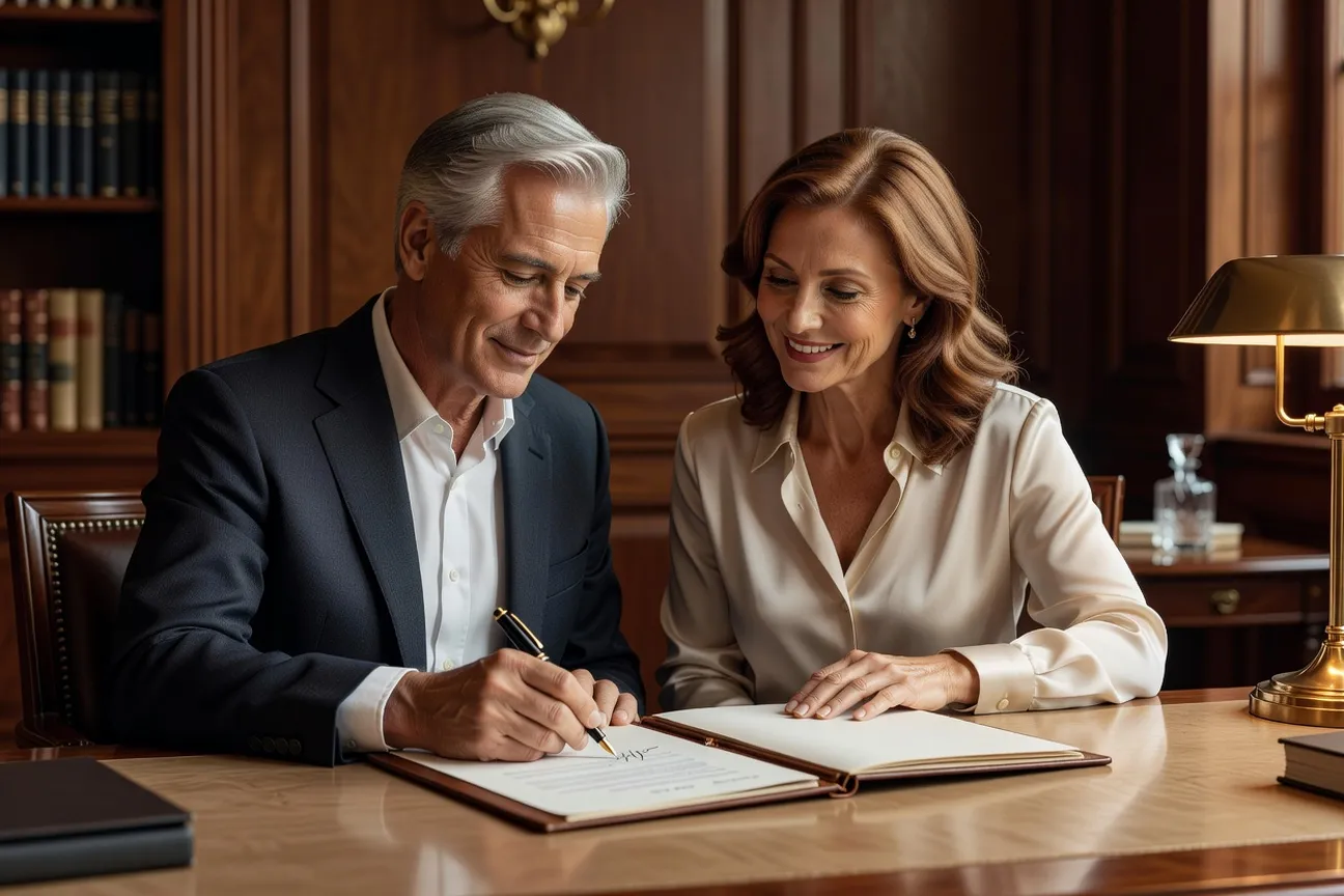 Couple souriant juste après la signature du contrat CQMI dans le bureau d'accueil