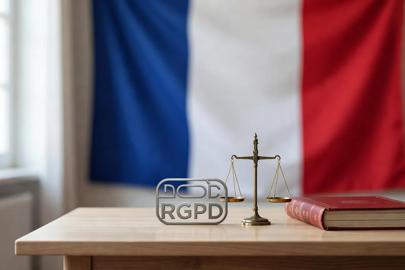 Drapeau français et logo RGPD symbolisant la conformité légale des agences matrimoniales en France