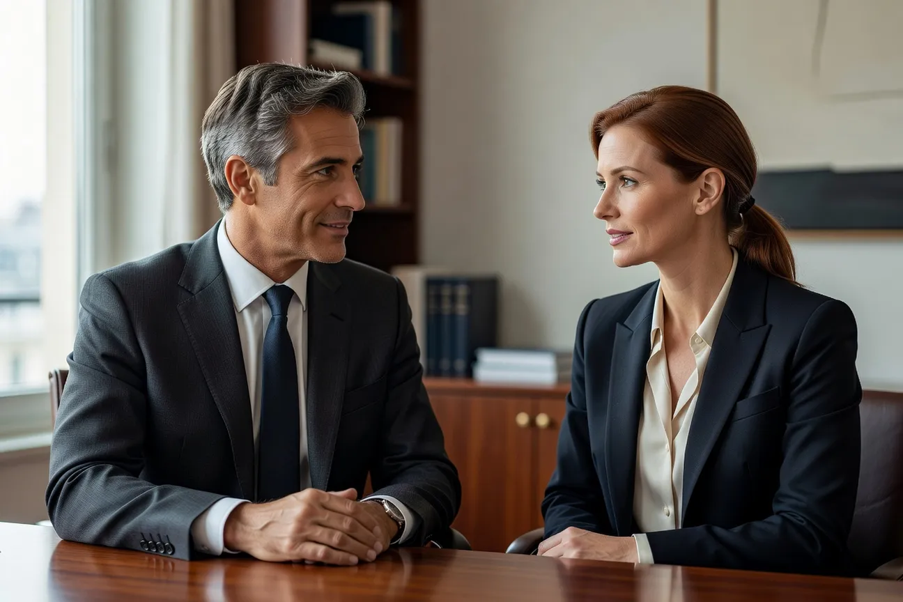 Conseiller matrimonial recevant un candidat lors d'un entretien en agence