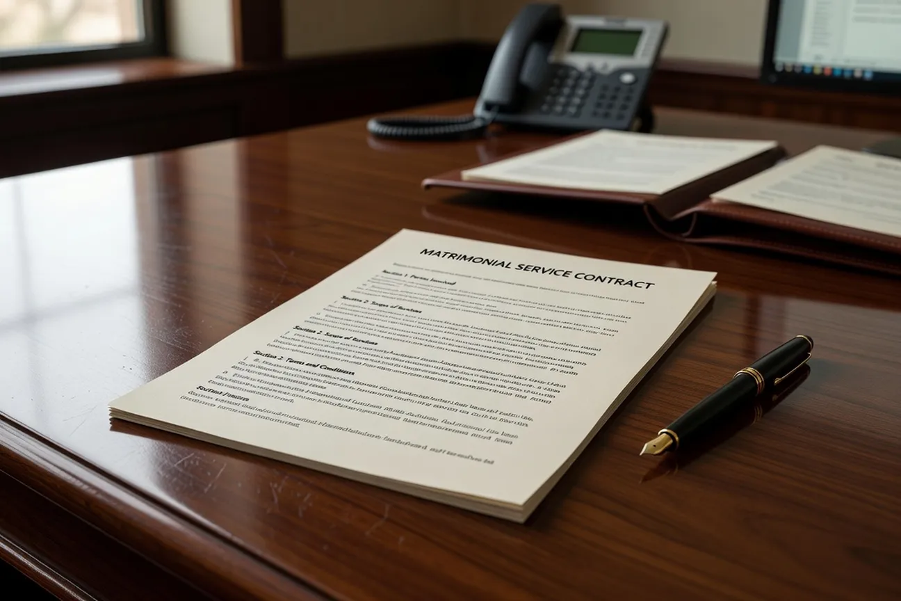 Contrat d'une agence matrimoniale et stylo sur bureau en bois, contrat de prestation