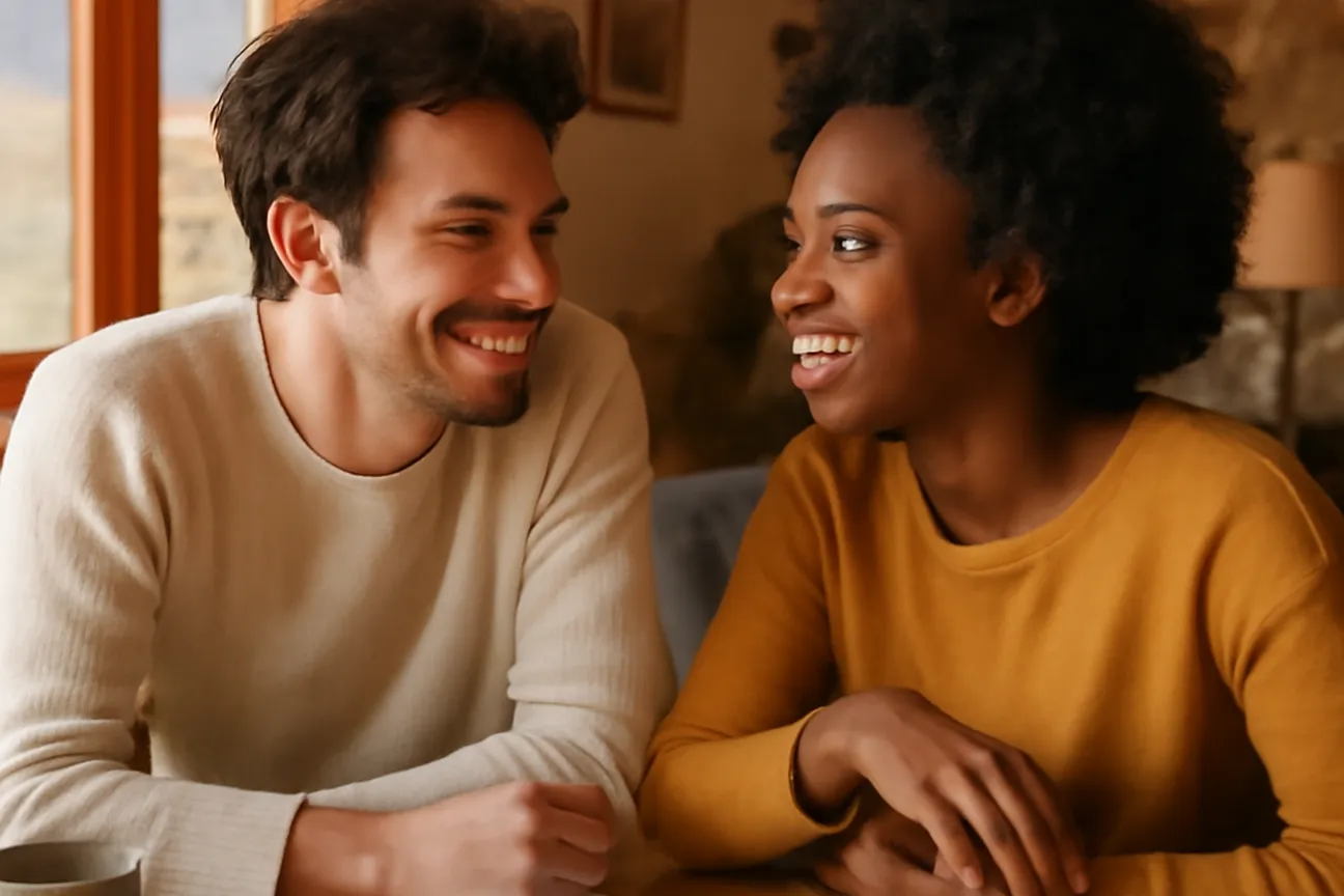 Couple mixte franco-étranger en discussion à la maison en Savoie