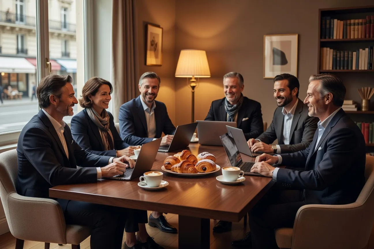 Groupe de cadres en reunion business cosy autour d'un cafe a Paris-Nord
