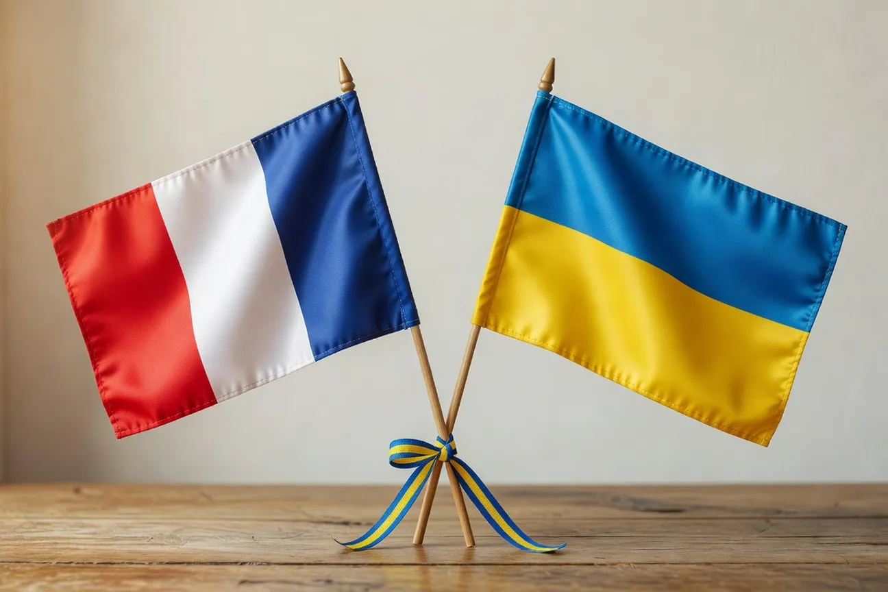 Drapeaux français et ukrainien côte à côte symbolisme couple binational franco-ukrainien