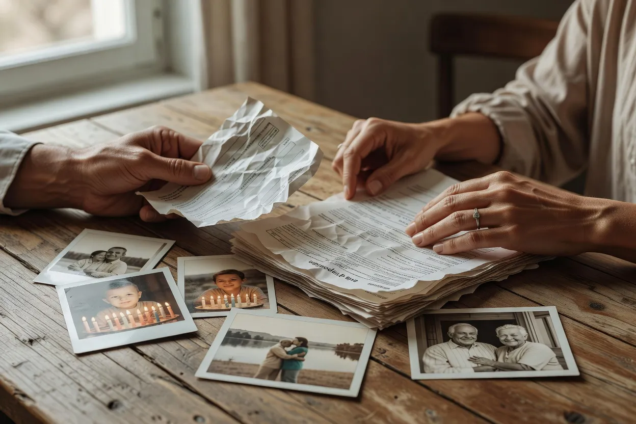 Couple mixte consultant ses justificatifs de vie commune devant un classeur de documents administratifs