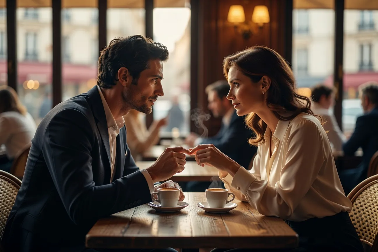 Couple en face-a-face avec regards intenses, signes physiques de la passion amoureuse
