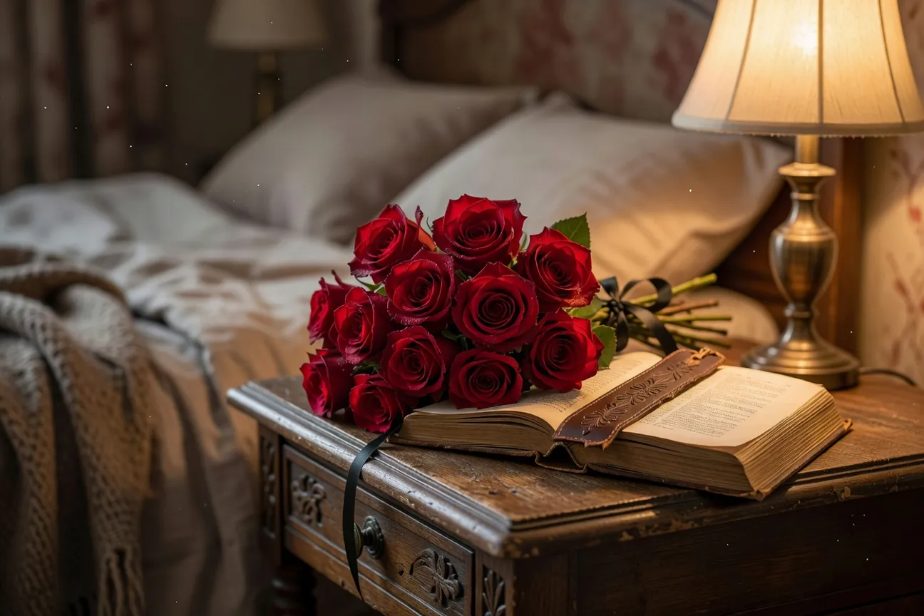 Bouquet de roses rouges sur table de chevet symbolisant l'attention quotidienne dans la passion durable