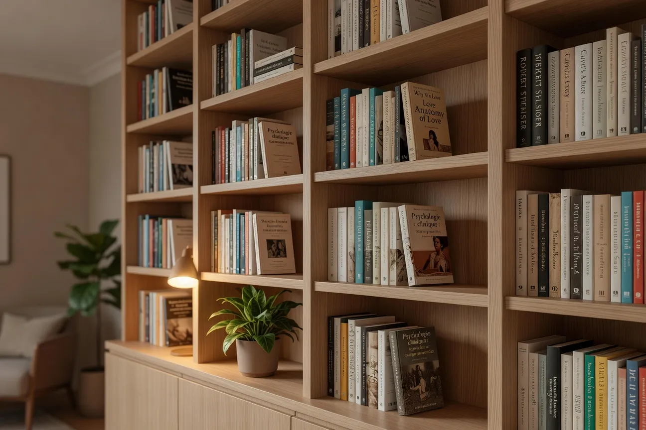 Bibliothèque du cabinet de psychologie avec ouvrages Helen Fisher et Robert Sternberg