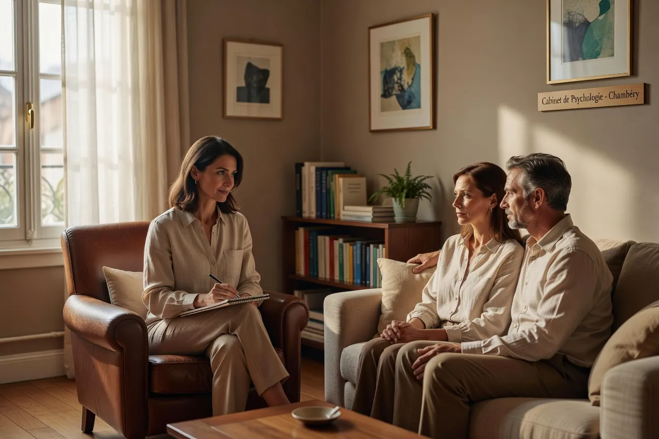 Scène de consultation de couple sur sofa au cabinet du Dr. Marina Lefevre à Chambéry