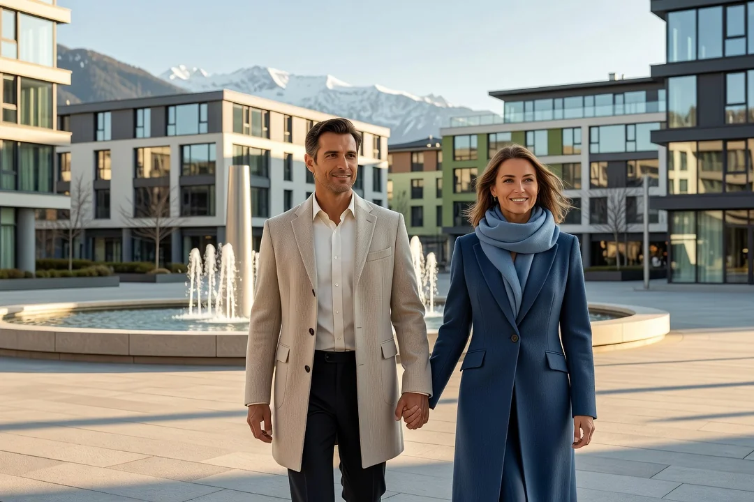 Couple marchant sur la place de l'Europe à Albertville