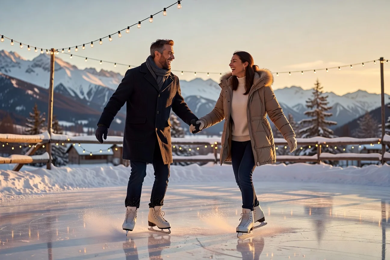 Couple adulte riant en patinant sur une patinoire en plein air en Haute-Savoie en hiver