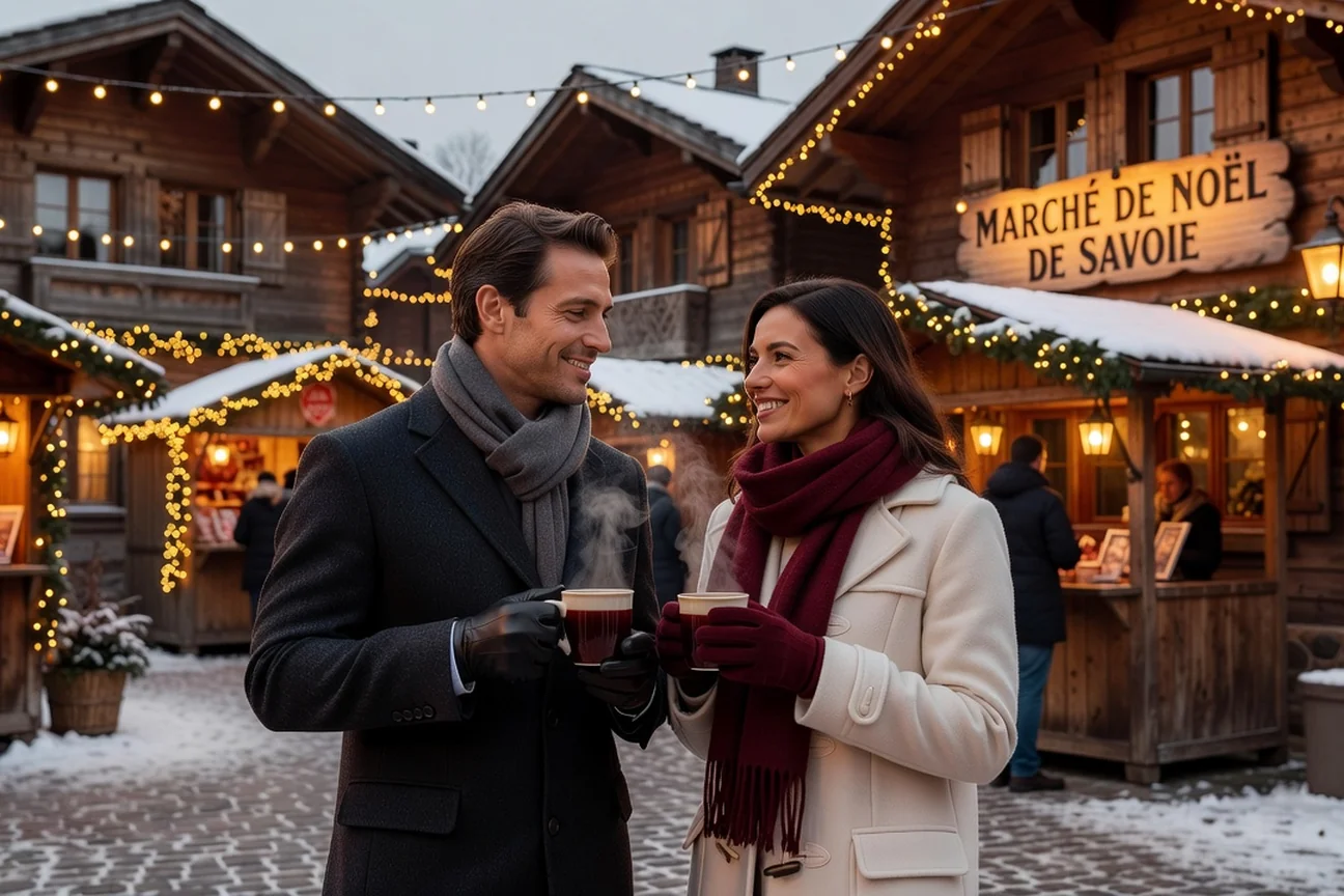 Couple adulte buvant un vin chaud sur un marché de Noël de Savoie en soirée illuminée