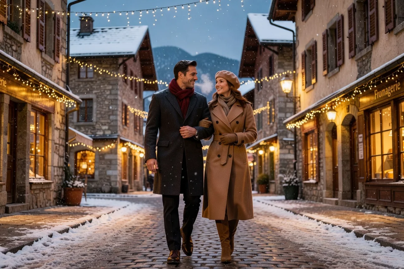 Couple adulte en promenade hivernale dans les rues enneigées et illuminées de Chambéry en soirée