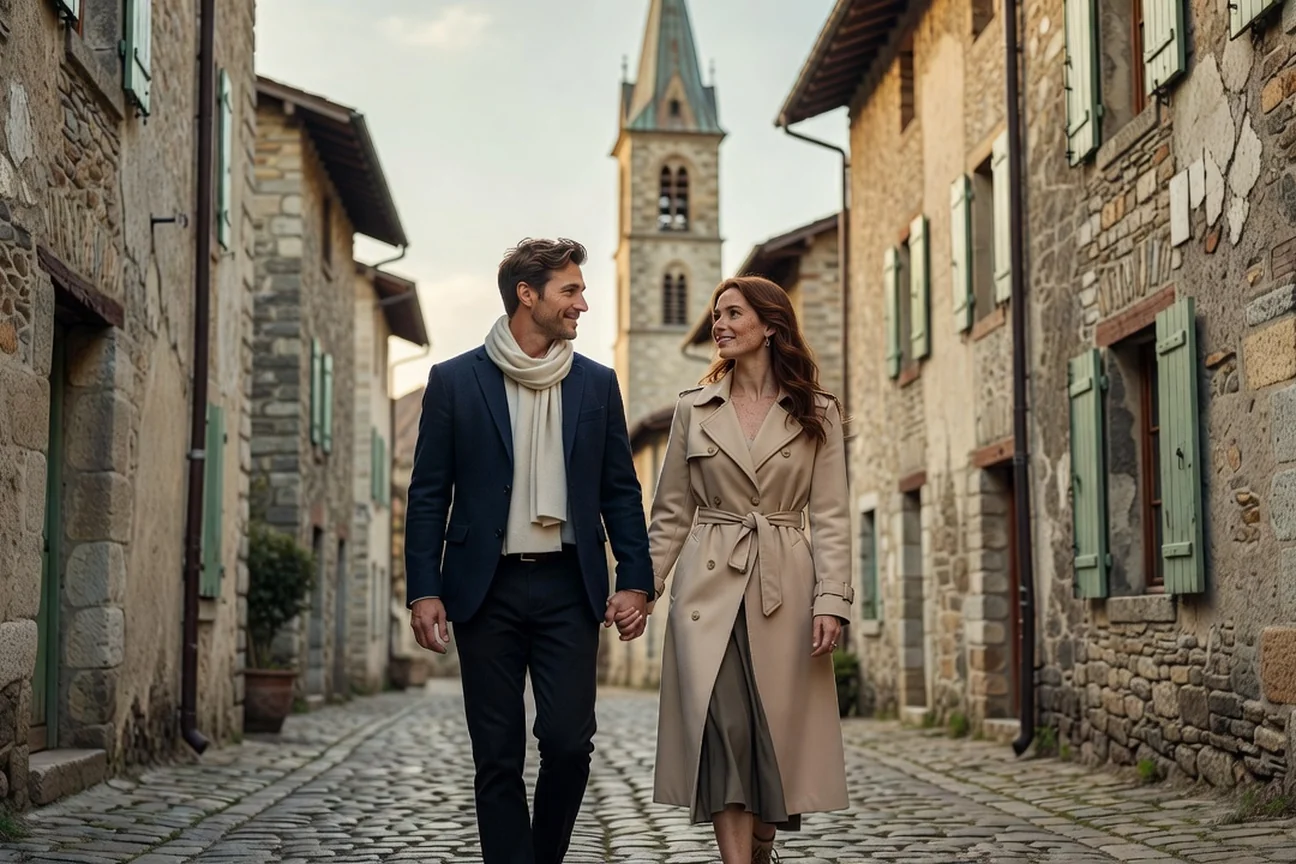 Couple adulte se promenant dans les ruelles d'un village de la vallée de la Maurienne en Savoie