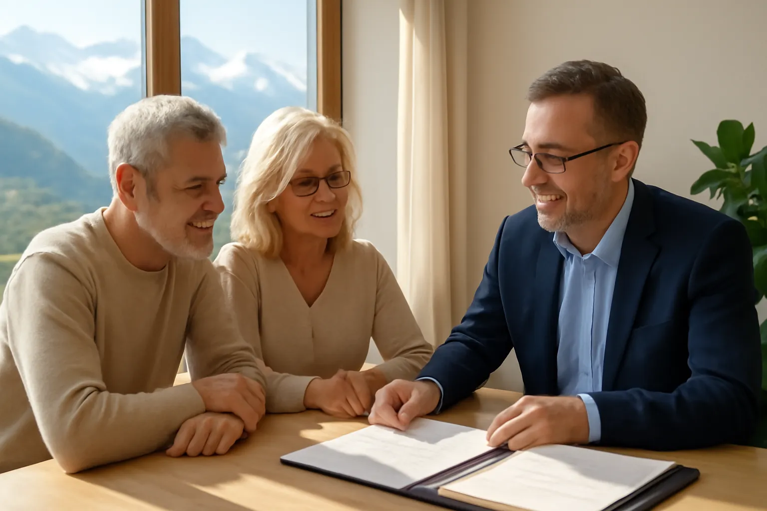 Couple de plus de 50 ans discutant de leur projet de vie commun en Savoie - illustration 1