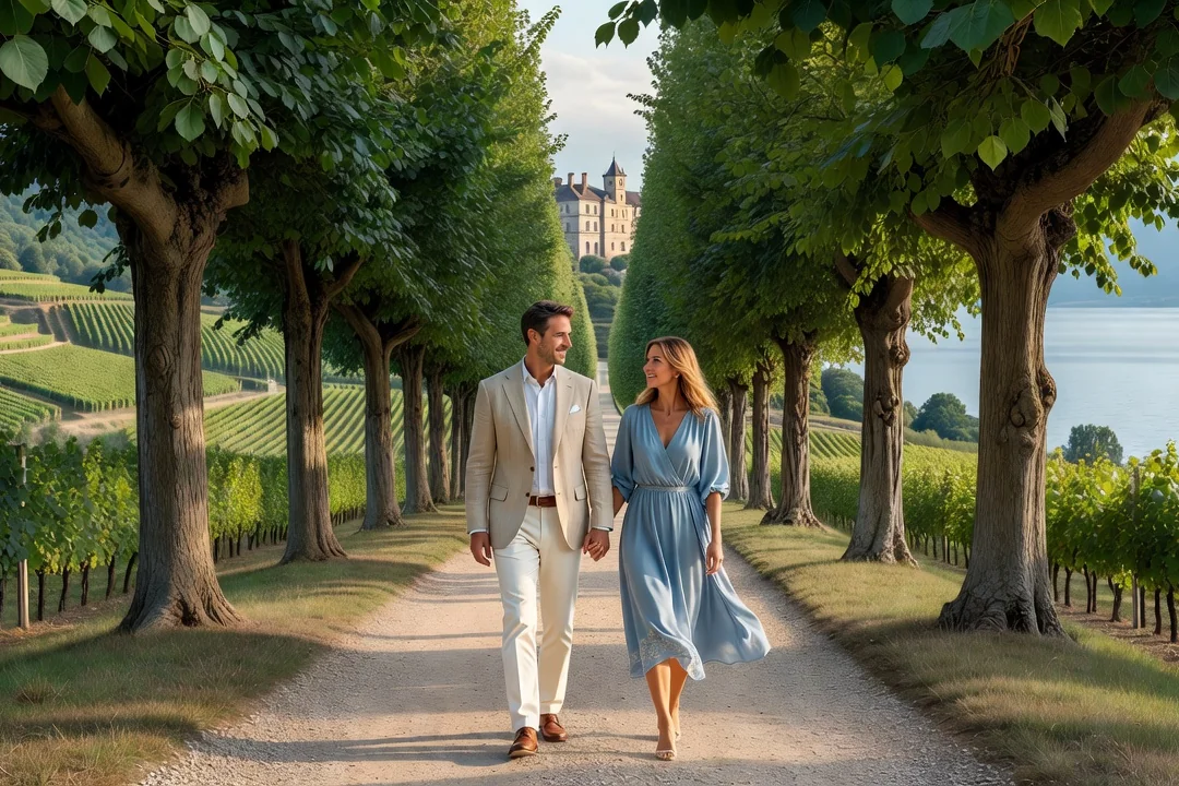 Couple se promenant dans les vignes près du château de Ripaille