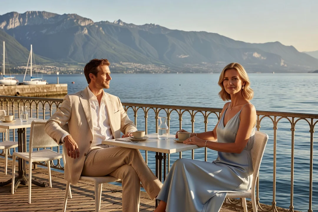 Couple attablé en terrasse au port de Thonon-les-Bains