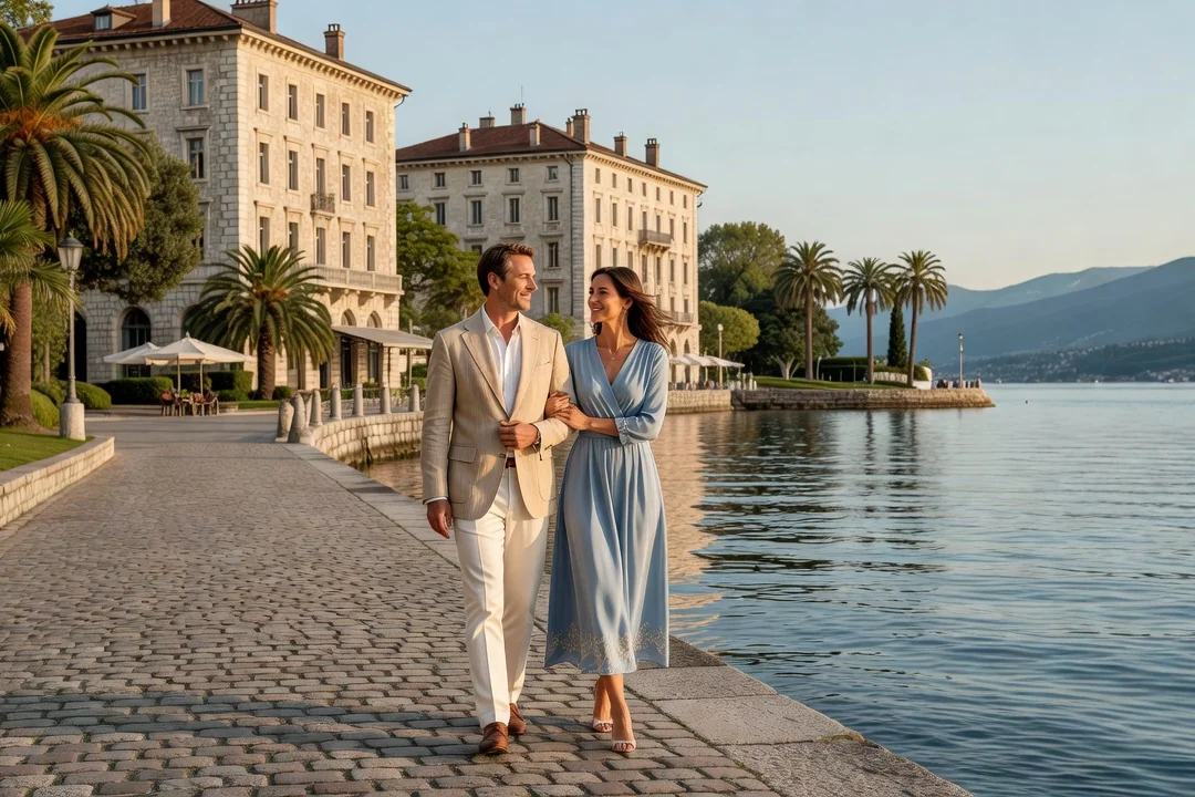 Couple flânant sur les quais d'Évian-les-Bains face au lac Léman