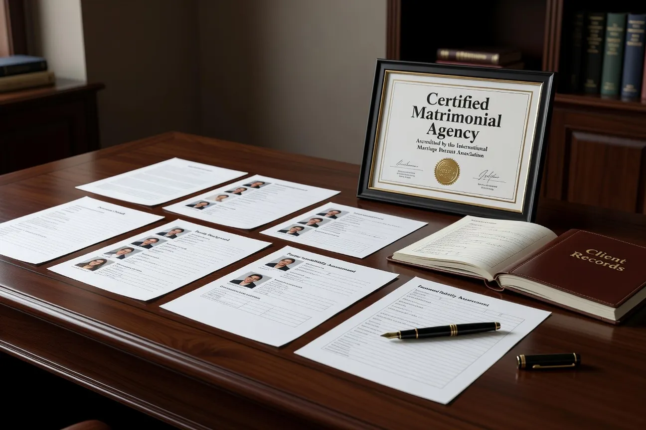 Contrat et documents d'une agence matrimoniale certifiée, bureau en bois foncé