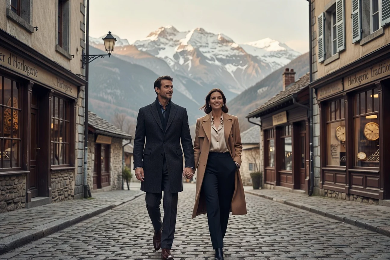 Couple élégant marchant dans les rues de Cluses avec les montagnes de la vallée de l'Arve en arrière-plan