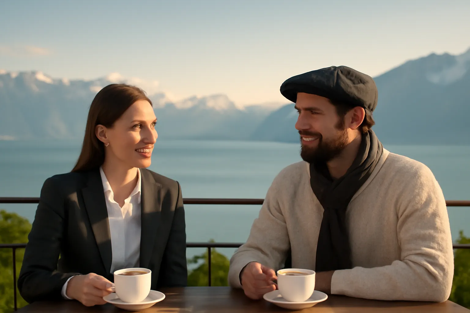 Couple franco-suisse se rencontrant dans la région frontalière entre Genève et la Haute-Savoie