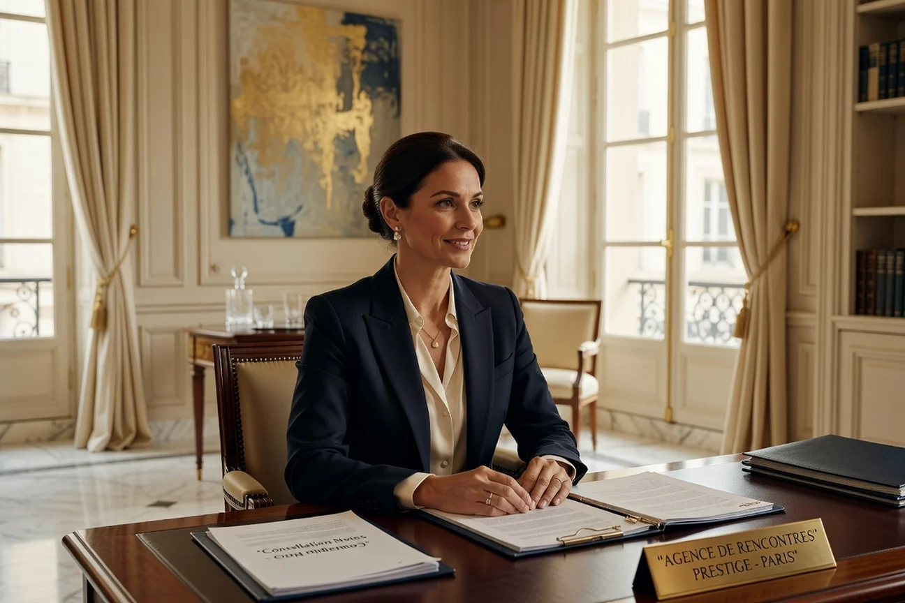 Conseillère matrimoniale en entretien individuel avec une cliente dans un bureau élégant et lumineux
