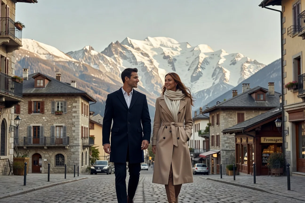 Couple adulte élégant marchant dans le centre-ville de Sallanches face au massif du Mont-Blanc