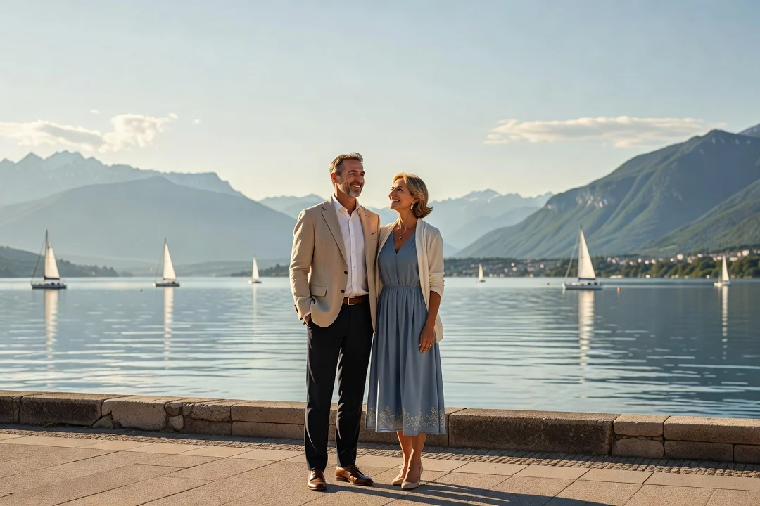 Couple élégant contemplant le lac Léman depuis les quais de Thonon-les-Bains