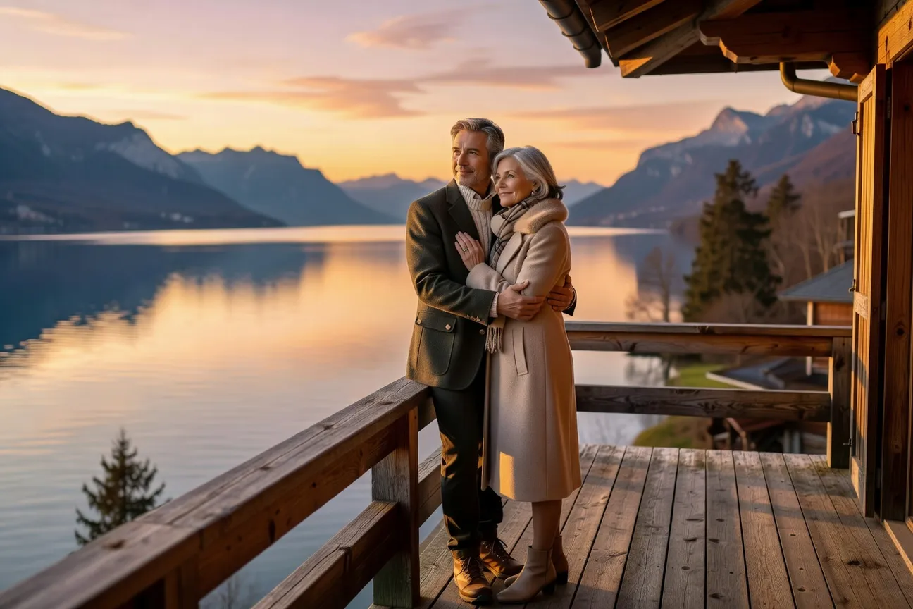 Couple senior tendrement enlace sur un balcon face au lac d'Annecy au coucher du soleil, amour passionnel durable Savoie