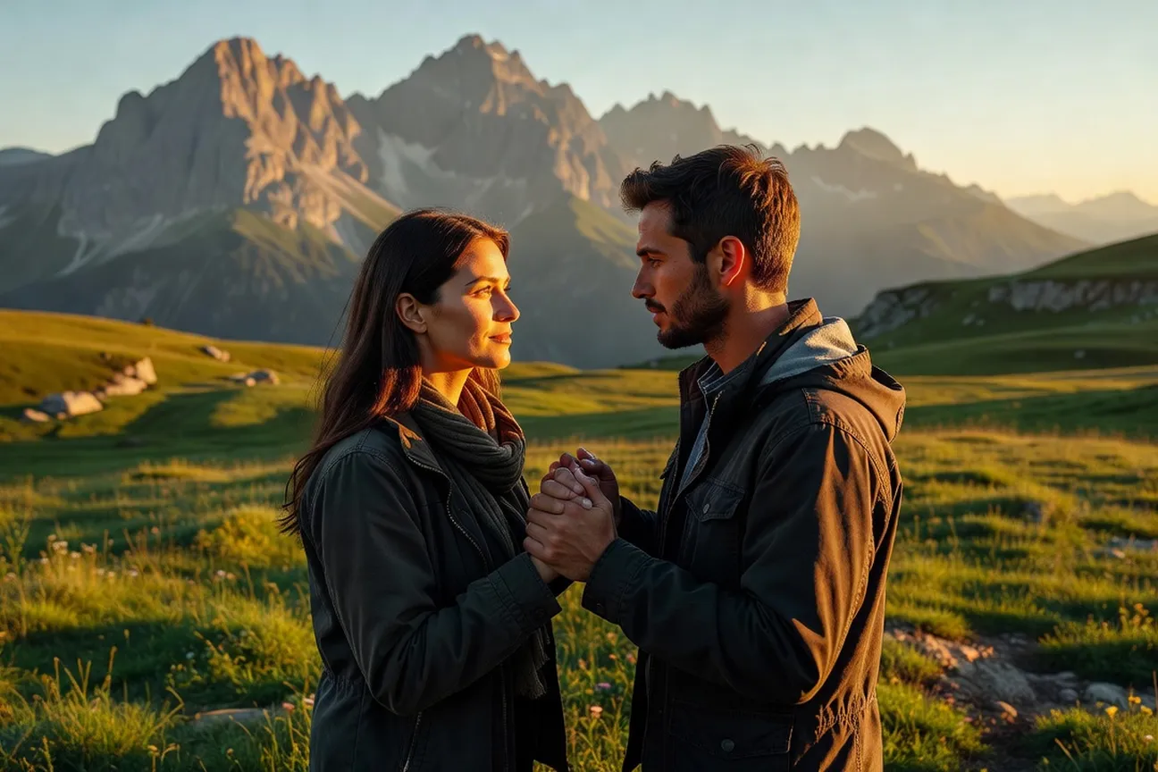 Couple dans un paysage alpin romantique main dans la main amour passionnel durable