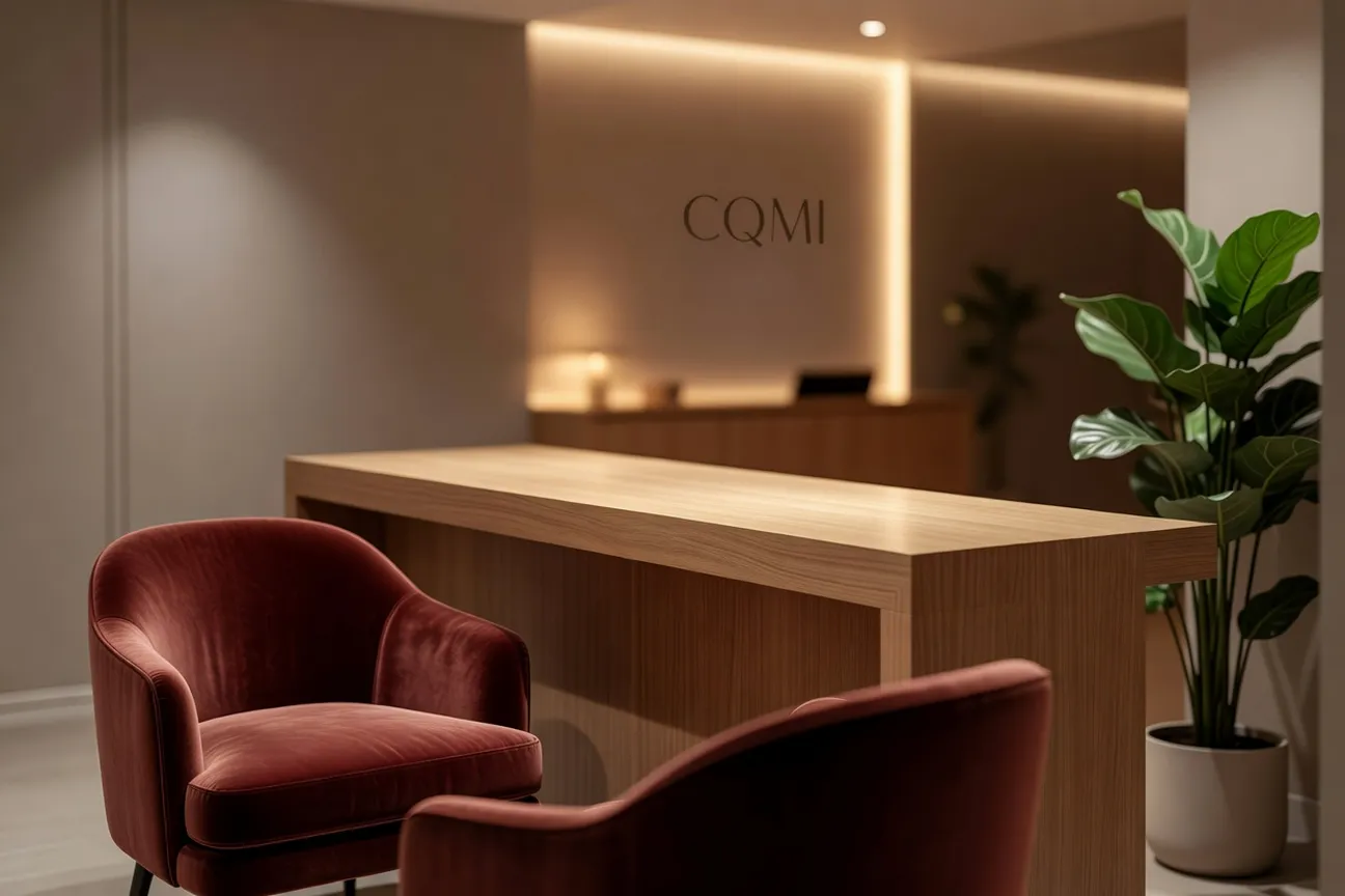 Bureau d'accueil de l'agence matrimoniale CQMI a Chambery avec comptoir bois et fauteuils velours bordeaux