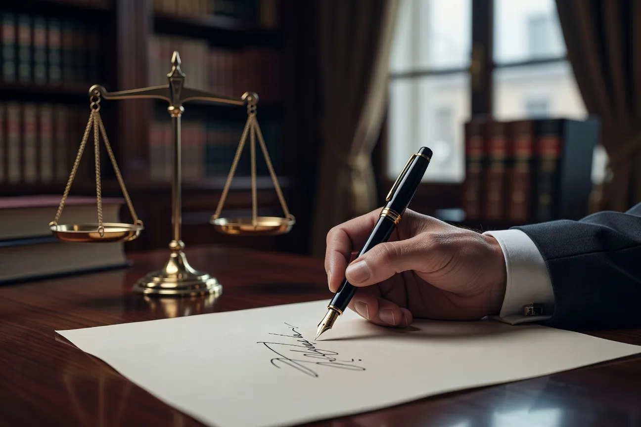 Signature de contrat d'agence matrimoniale avec balance de justice symbolique, stylo plume sur papier, cabinet français