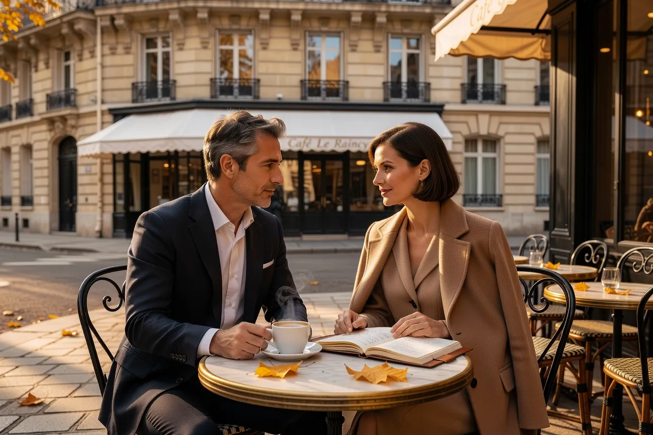 Couple de cadres parisiens 40 ans en terrasse d'un cafe au Raincy en banlieue est de Paris, automne dore
