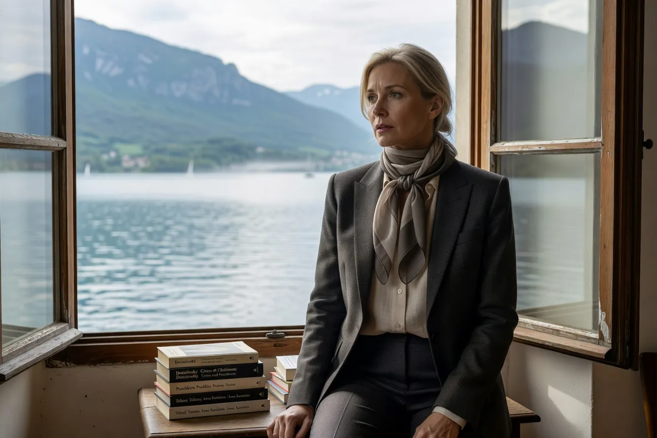 Portrait d'Anastasia Boryssenko mediatrice culturelle franco-russe a Annecy devant fenetre avec livres bilingues