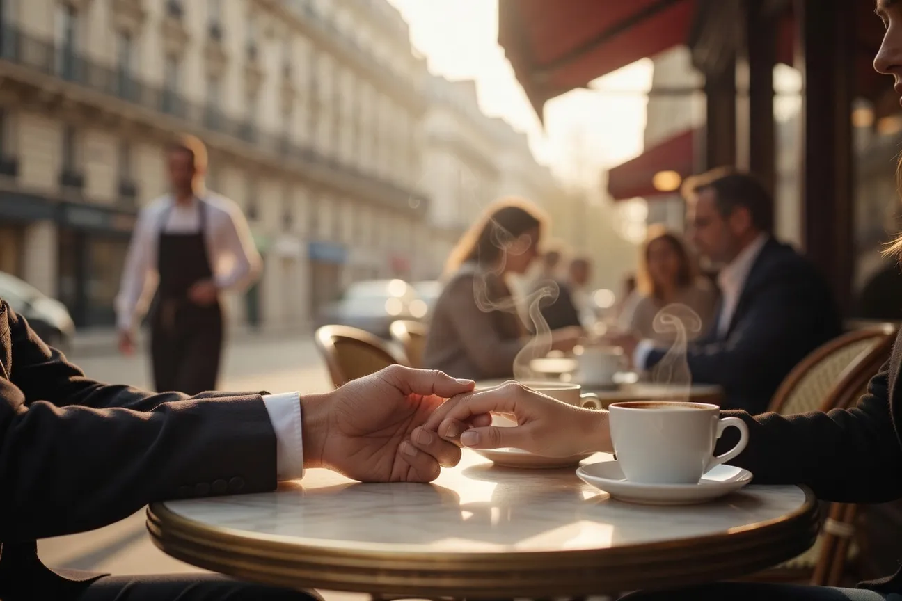 Gros plan main d'homme tenant main de femme au-dessus d'une table de cafe avec deux tasses fumantes, passion amoureuse