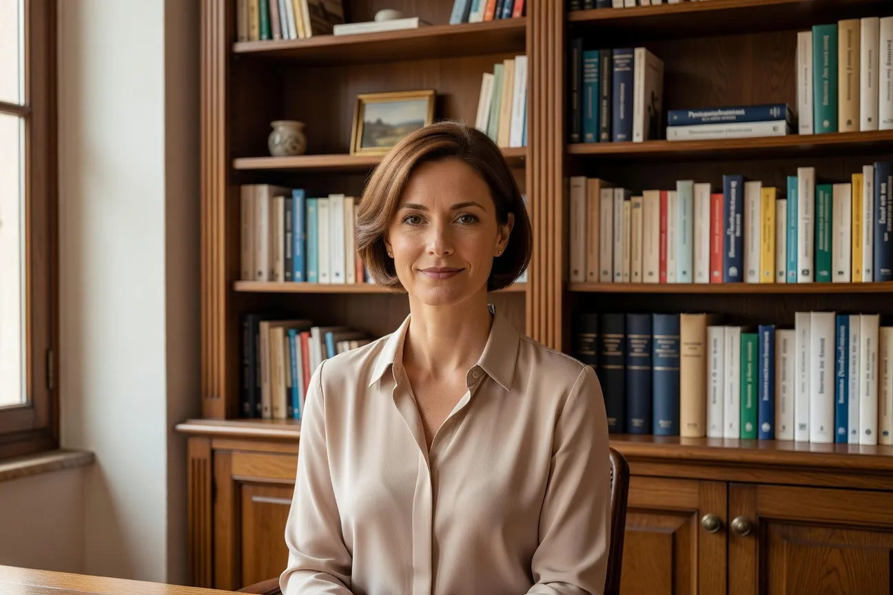 Portrait du Dr. Marina Lefevre, psychologue clinicienne a Chambery dans son cabinet bibliotheque